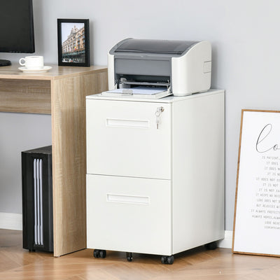 Vinsetto Metal Mobile File Cabinet with Wheels, Lockable 2 Drawer Filing Cabinet for A4, Legal, Letter, Compact Under Desk Storage Unit with Pre-Assembled Body for Home Office, 39 x 48 x 67cm, White 