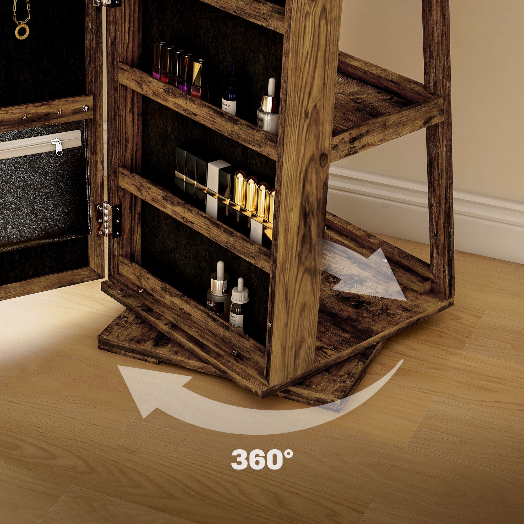 HOMCOM 360° Swivel Jewellery Cabinet, Mirror Armoire, Full Length Mirror, Lockable Jewellery Organiser with Built-In Small Mirror, Rustic Brown 
