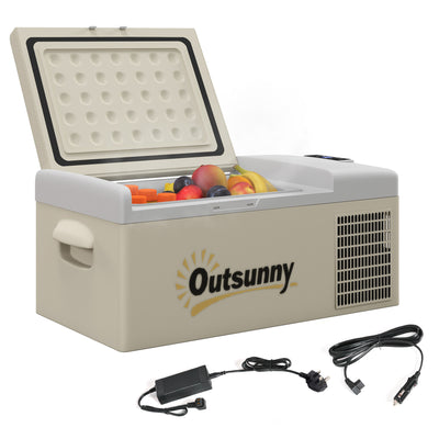 Outsunny 16L Portable Car Fridge, -20\'e2\'84\'83 to 10\'e2\'84\'83 Adjustable Temperature - Khaki/Grey 