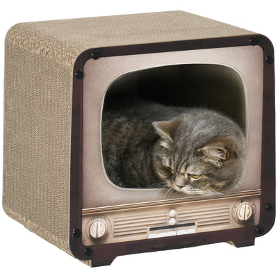 PawHut 2 in 1 TV Shape Cat Scratching Board House with Catnip, for Indoor Cats, Brown 