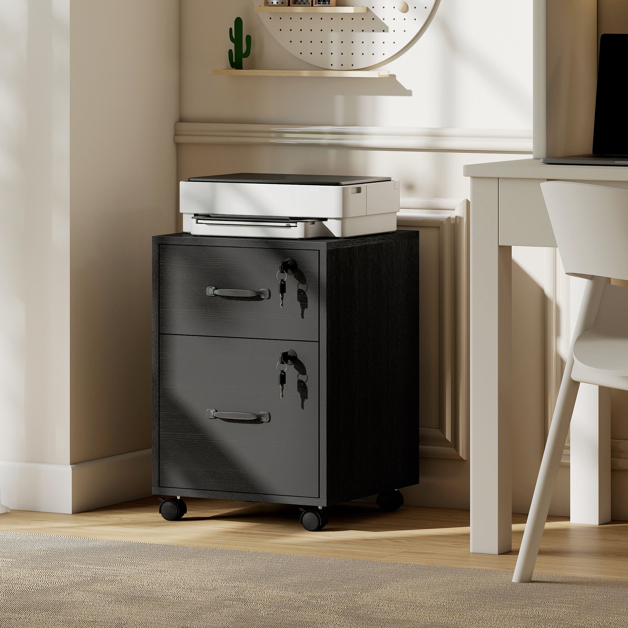 HOMCOM Rolling File Cabinet with 2 Drawers, Mobile Filing Cabinet with Hanging File Folder for Letter Sized Documents, Black 