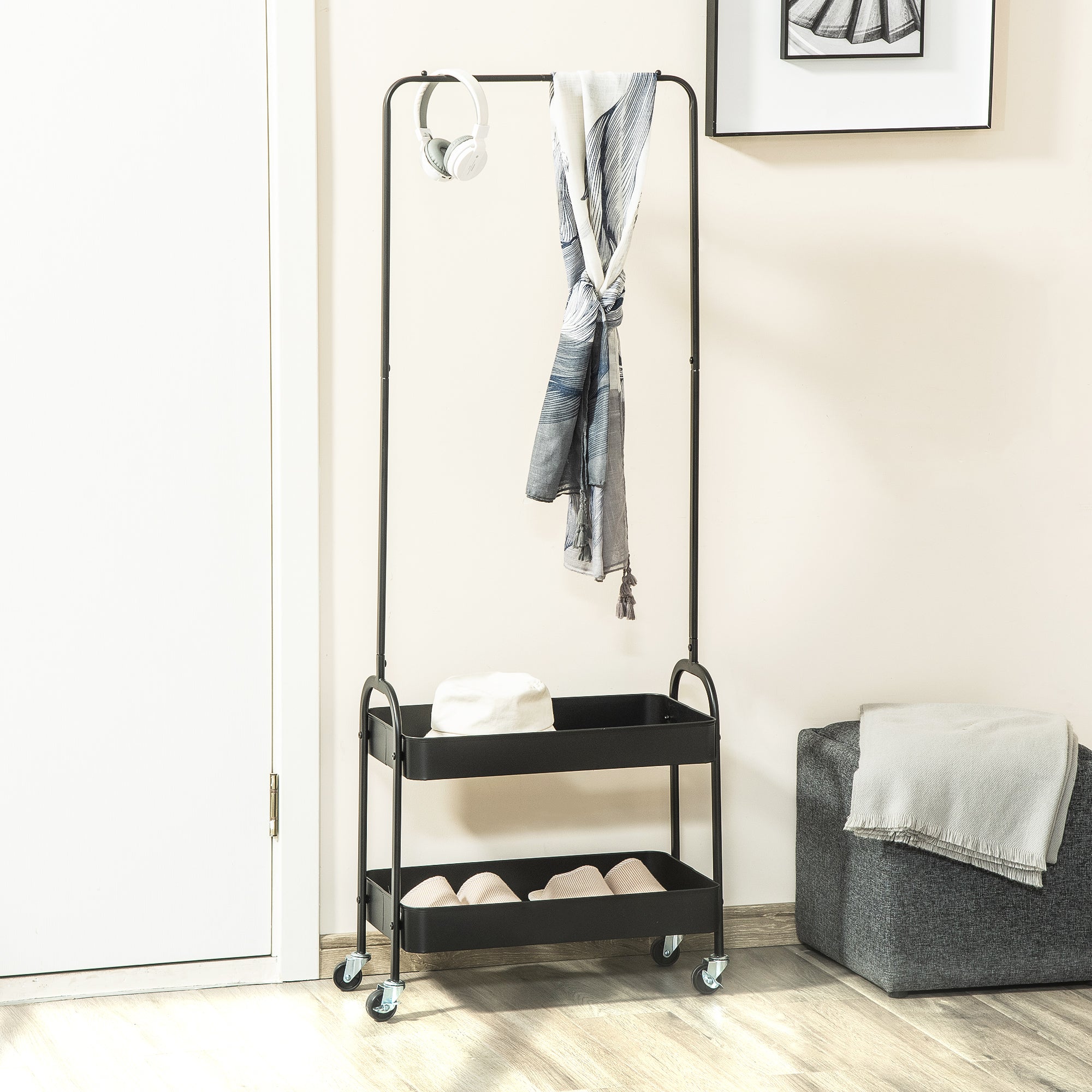 HOMCOM Metal Clothes Rack with Shoe Storage, Clothing Rail on Wheels, Freestanding Hall Tree, Coat Stand with 2 Storage Shelf, Black 