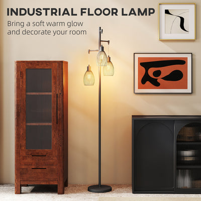HOMCOM 3-Light LED Floor Lamp, 170cm Industrial Dimmable Standing Lamp with Steel Wire Cage Lampshades, 2700K for Living Room, Bedroom, Dining Room, Study, Black 