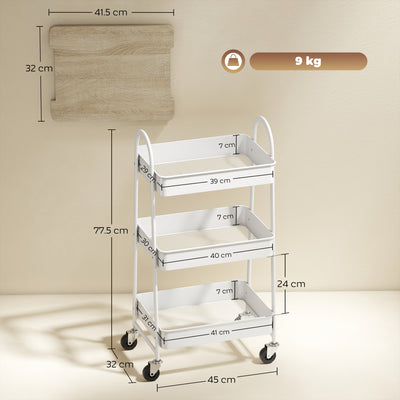 HOMCOM 3-Tier Kitchen Storage Trolley with on Wheels Cover Top Board - White and Oak 