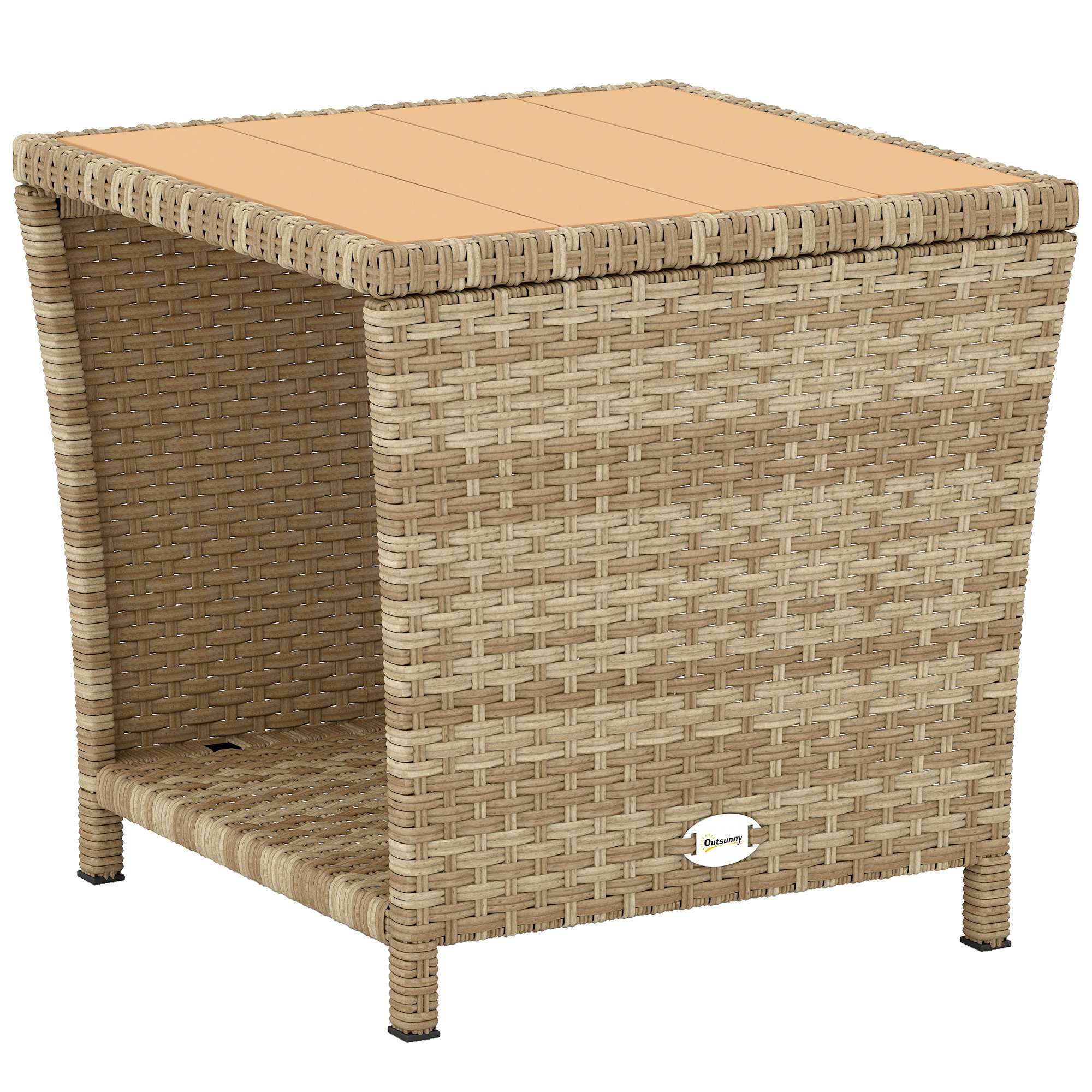 Outsunny Side Table 2-Tier Outdoor Coffee Table with Storage Shelf PS Wood Slat Top/Khaki 