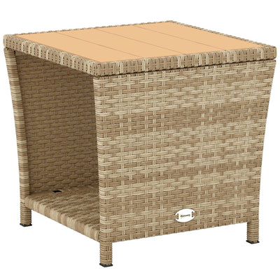 Outsunny Side Table 2-Tier Outdoor Coffee Table with Storage Shelf PS Wood Slat Top/Khaki 