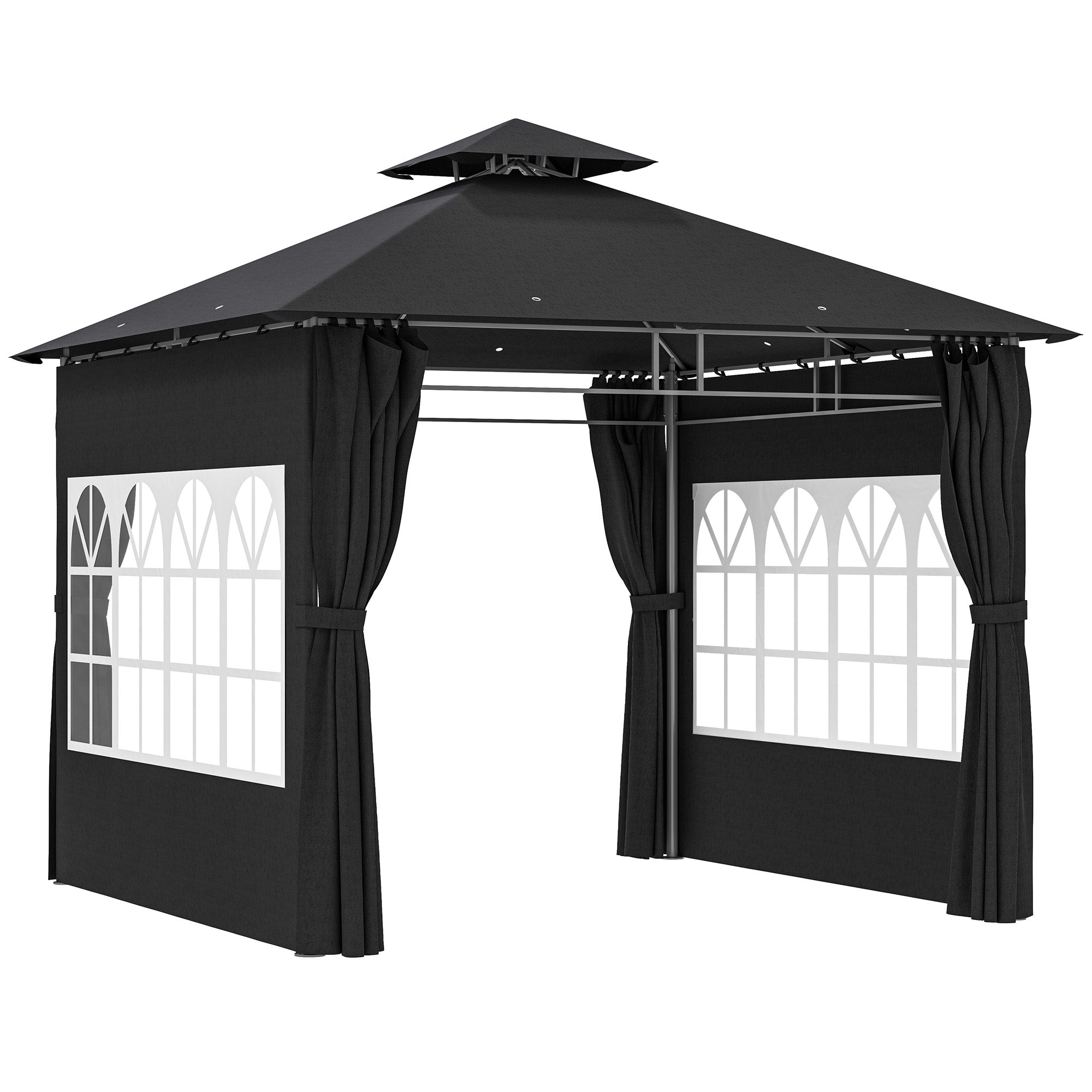 Outsunny 3 x 3 m Garden Gazebo, Double Roof Metal Gazebo with Removable Sidewalls and Church Windows, Outdoor Canopy Shelter, Black 