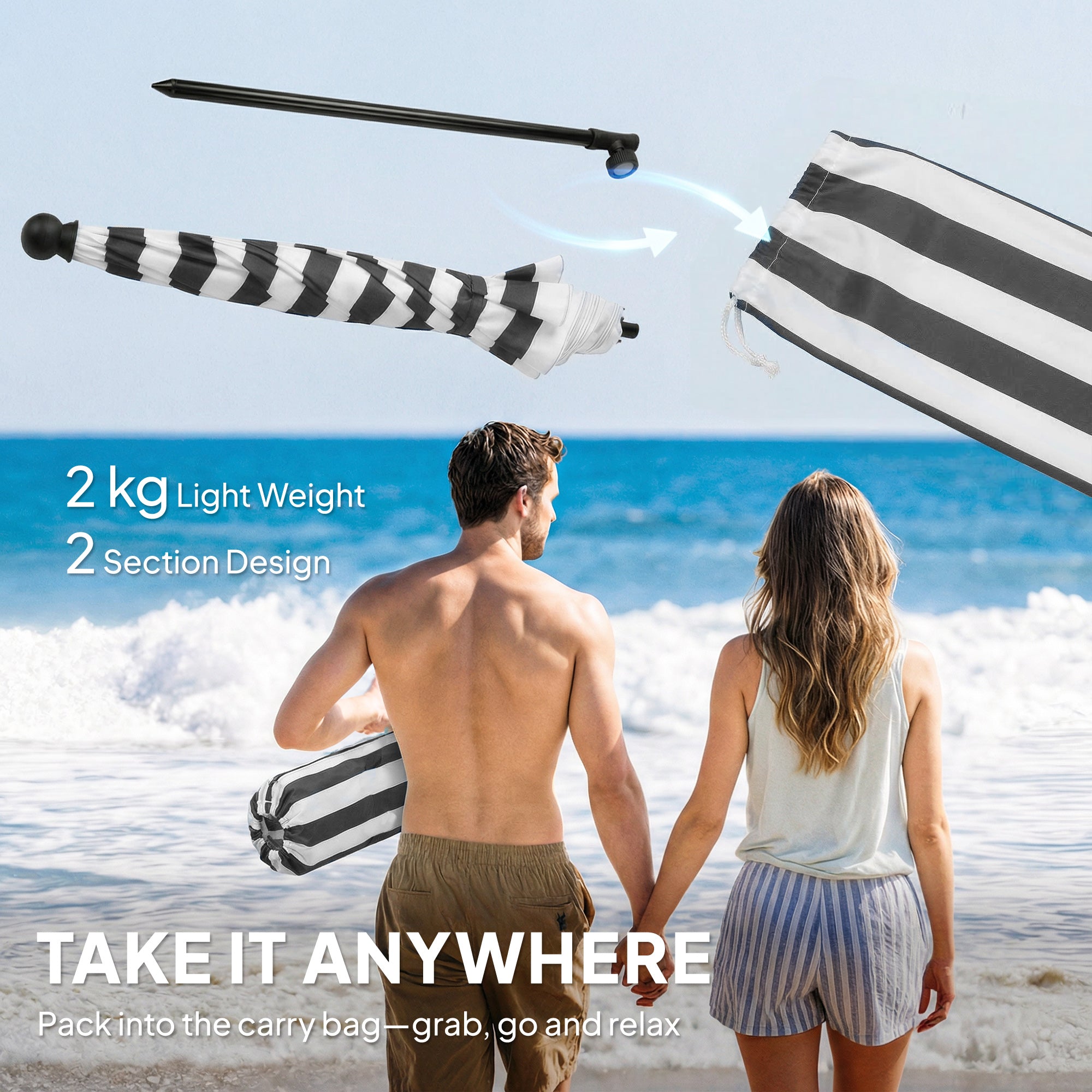 Outsunny 1.8 m Beach Umbrella Parasol with Sand Anchor, Portable 30° Tilting Patio Sun Shade with Adjustable Height, Grey/White 