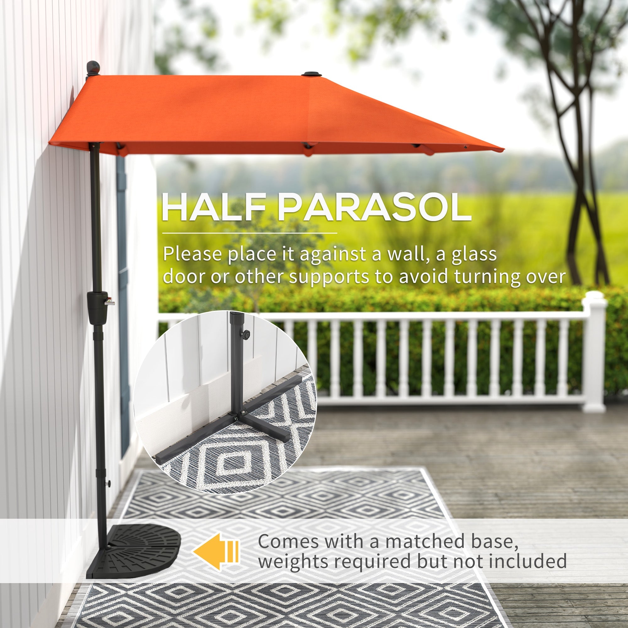 Outsunny 2m Half Parasol Market Umbrella Garden Balcony Parasol with Crank Handle, Cross Base, Double-Sided Canopy, Orange 