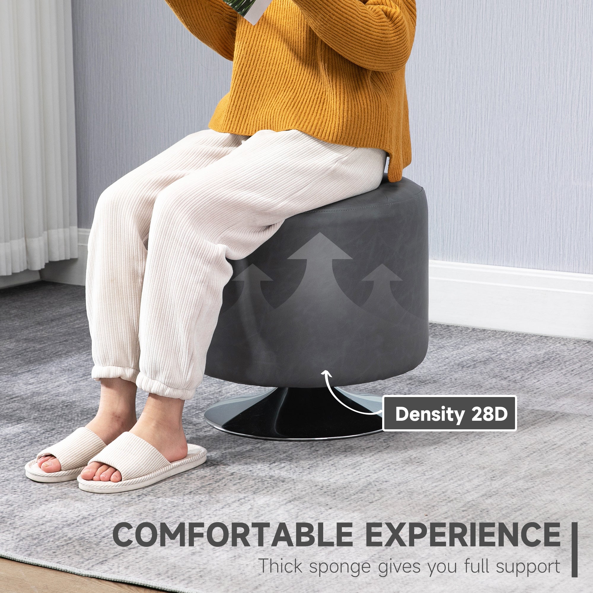 HOMCOM 360\'c2\'b0 Swivel Foot Stool Round PU Ottoman with Thick Sponge Padding and Solid Steel Base, Grey