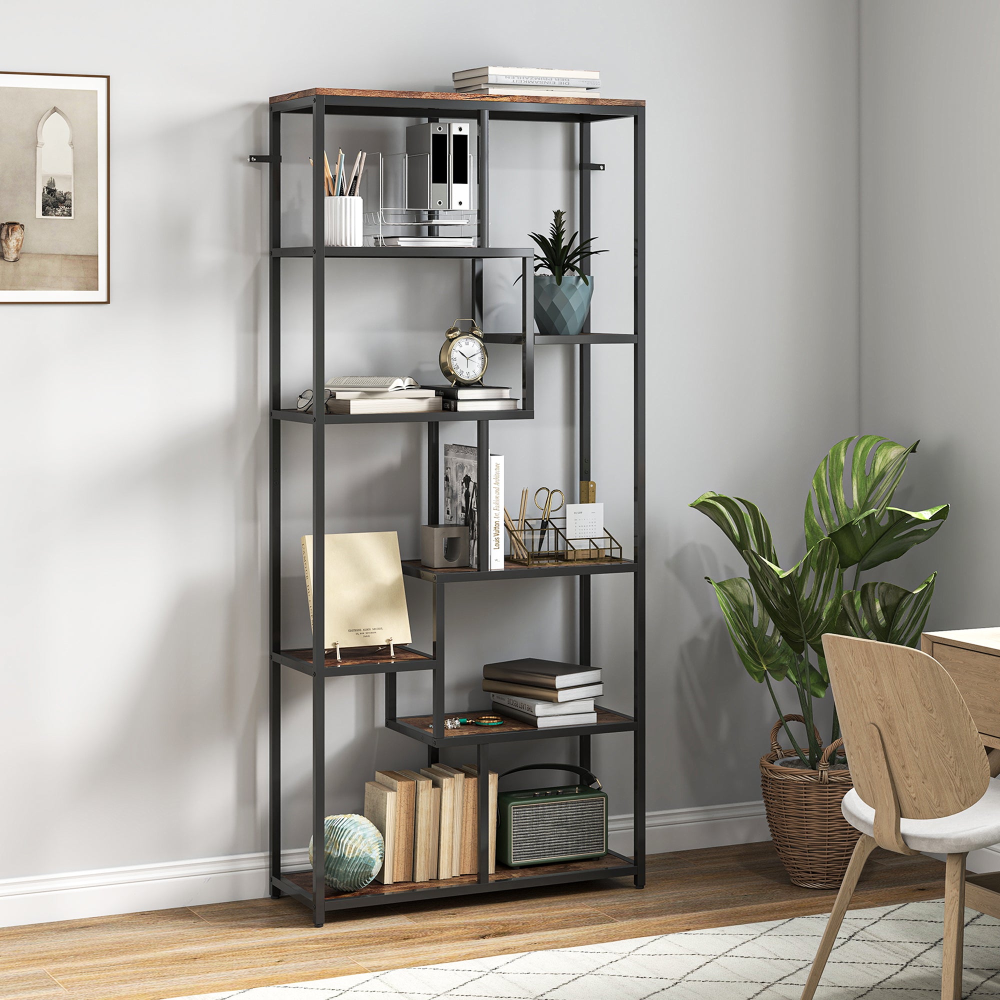 HOMCOM Seven-Tier Geometric Bookcase - Brown/Black 