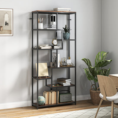 HOMCOM Seven-Tier Geometric Bookcase - Brown/Black 