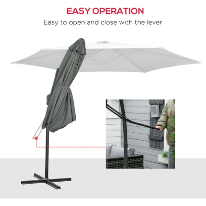 Outsunny 3m Cantilever Parasol with Easy Lever, Patio Umbrella with Crank Handle, Cross Base and 6 Metal Ribs, Outdoor Sun Shades for Garden, Grey 