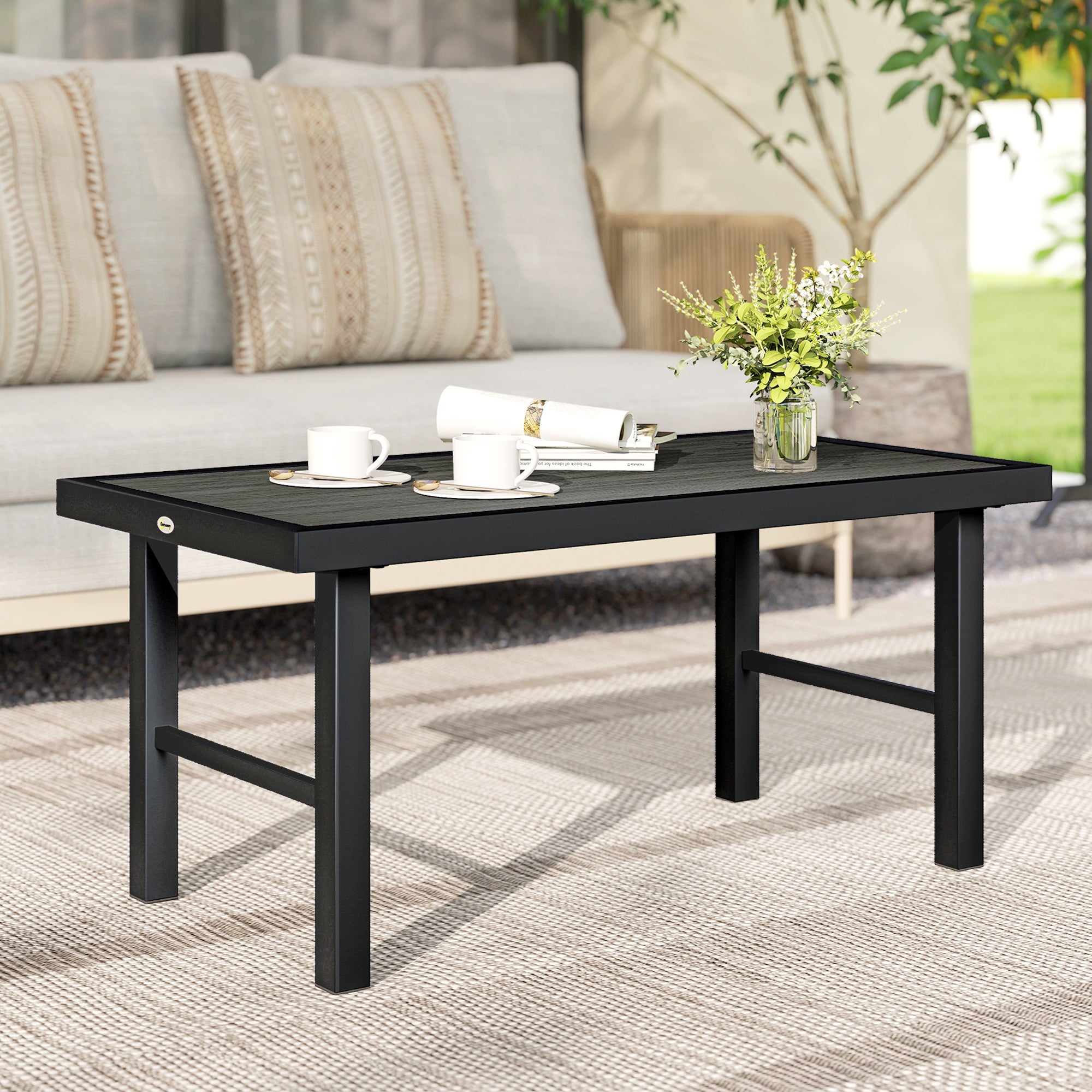 Outsunny Metal Garden Coffee Table, Outdoor Side Table with SPC Woodgrain Tabletop for Outside, 100 x 52 x 46cm, Dark Grey 