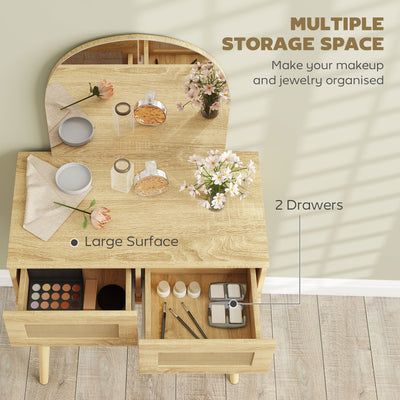 HOMCOM Dressing Table, Compact Vanity Desk with Mirror and 2 Drawers, Natural Wood Finish 