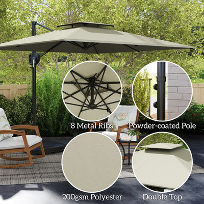 Outsunny Cantilever Parasol with Weighted Base Double Top Garden Parasol Square Hanging Patio Umbrella with Crank Tilt Light Grey 