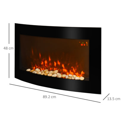 HOMCOM Led Wall Mounted Fireplace Curved Glass Electric Fire Place Fire Place 7 Colour Side Lights Slimline, 1000/2000W, 89.2cm x 48cm 