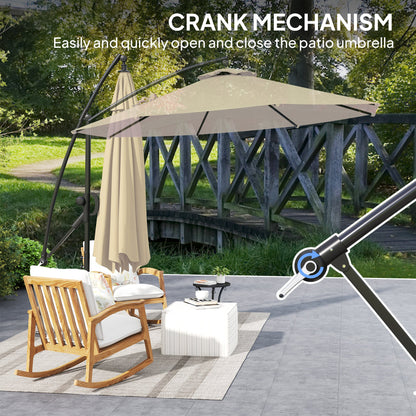 Outsunny 3(m) Garden Cantilever Parasol with Cover and Wind Protection Strap, Round Overhanging Umbrella with Crank Handle and Tilt, Banana Patio Umbrella for Outdoor Sun Shade, UPF50+, Khaki 