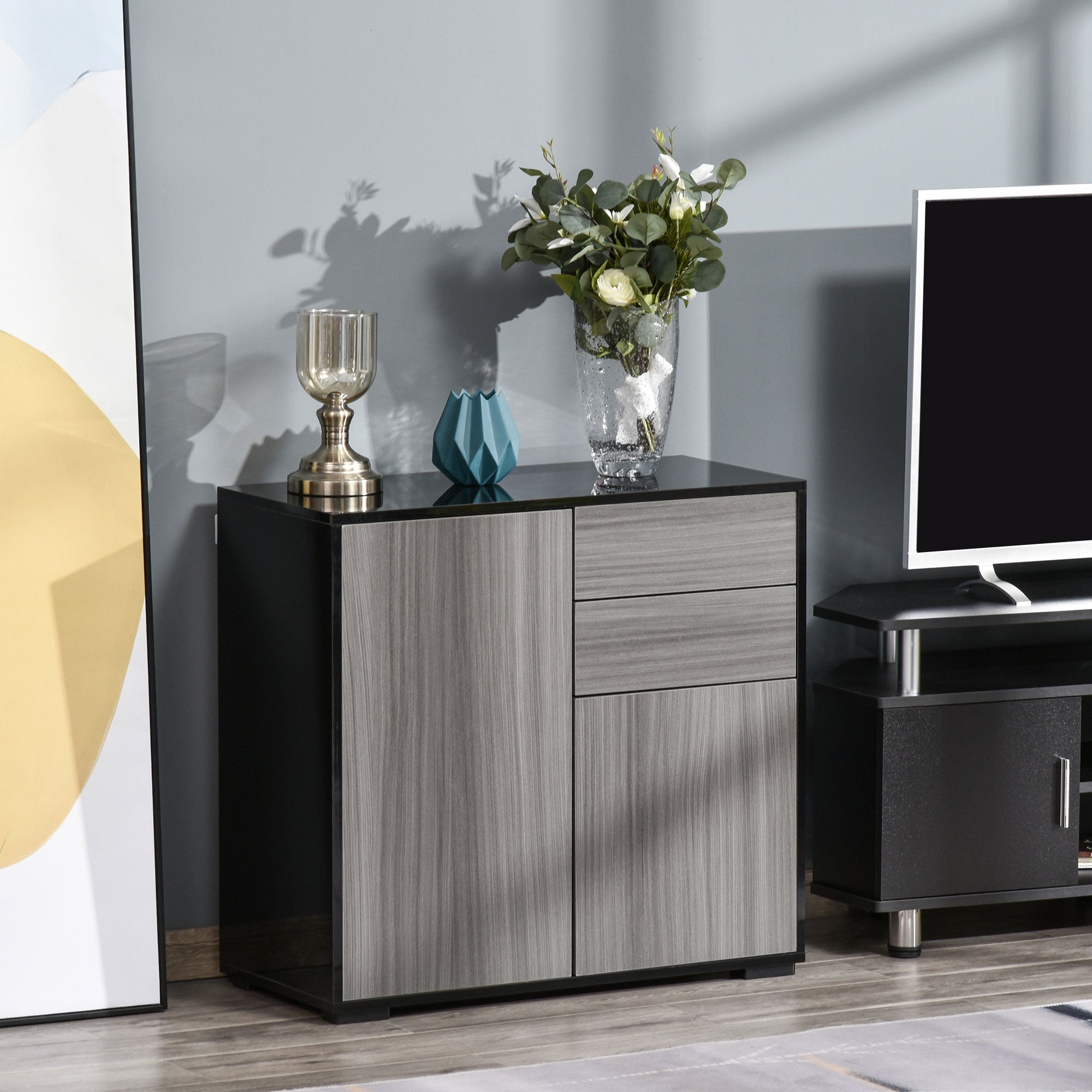 HOMCOM High Gloss Frame Sideboard, Push-Open Design with 2 Drawer for Living Room, Bedroom, 74H x 79W x 36Dcm, Light Grey and Black 