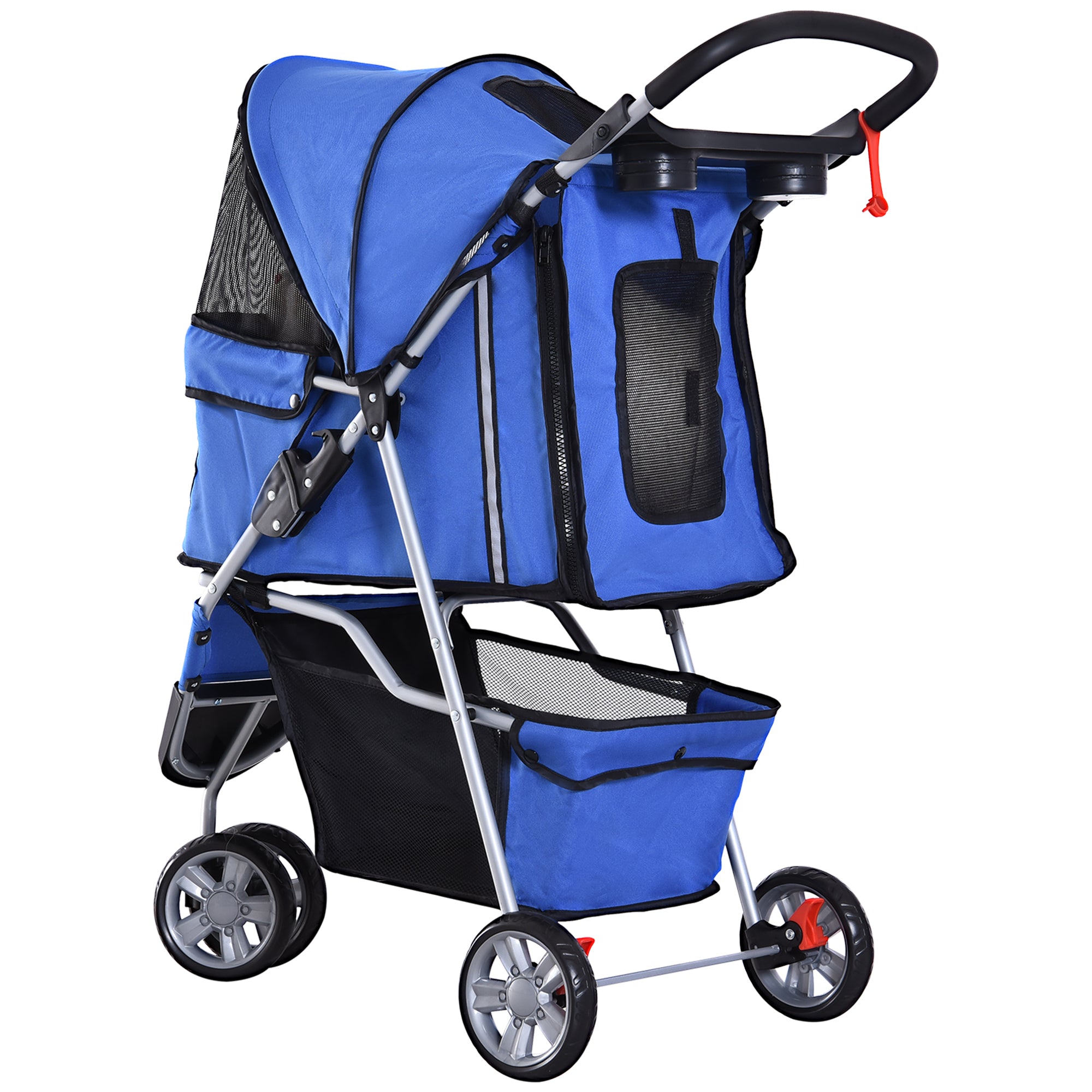 PawHut Dog Stroller, 3 Wheels Foldable Cat Dog Pram with Cup Holder, Storage Basket, Pet Stroller for Small Miniature Dogs, Blue 