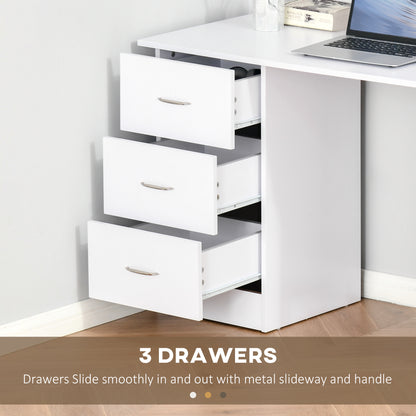 HOMCOM Computer Desk, Writing Table, PC Workstation with 3 Storage Shelves and Drawers, Silver Handle, for Home Office, White 