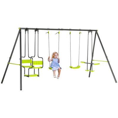 Outsunny Metal Garden Swing Set with Double Swings, Glider, Swing Seats - Green 