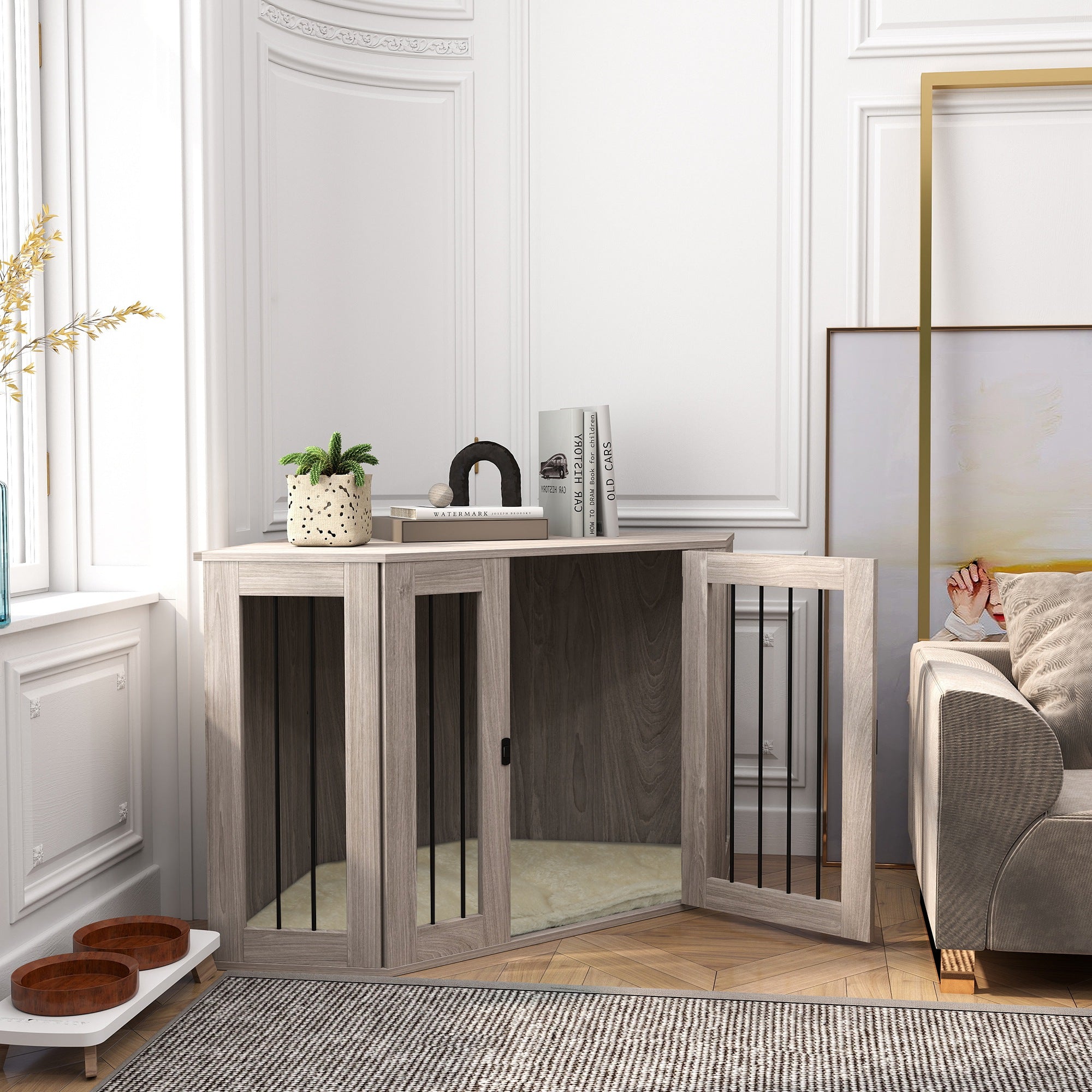 PawHut 2 in 1 Dog Crate Furniture Side Table, with Cushion, 122 x 61 x 71cm - Walnut Brown 