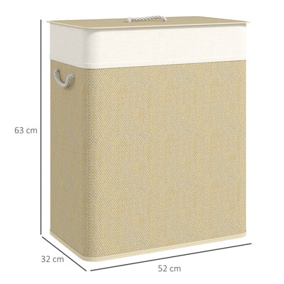 HOMCOM Double Laundry Basket with Lid, 100L Bamboo Laundry Hamper with Rope Handles, Washing Basket with Removable Liner for Bathroom, Bedroom, Cream White 