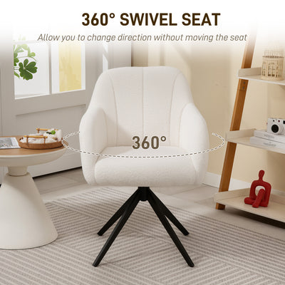 HOMCOM 360 Degree Swivel Accent Chair, Teddy Fleece Fabric Armchair, Upholstered Tufted Vanity Chair with Steel Legs for Living Room, Bedroom, Home Office, White 