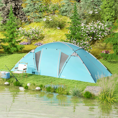 Outsunny 4-6 Man Family Camping Tent w/ 2 Bedrooms and a Living Room, Waterproof Tunnel Tent w/ Sewn In Groundsheet, Doors, Windows, Carry Bag, Blue 