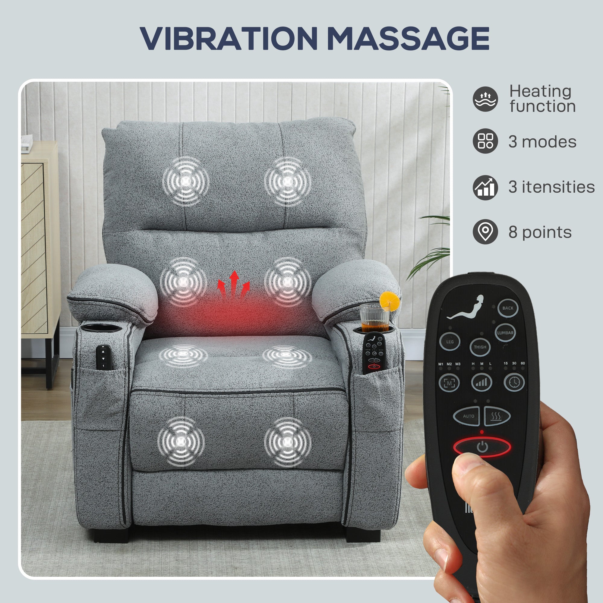 HOMCOM Electric Massage Recliner Armchair with Vibration, Heat, Whisper-Quiet Motor, Memory Function, Velvet Power Reclining Chair with Spring Pack, USB Port, Footrest, Side Pocket, Cup Holders, Grey 