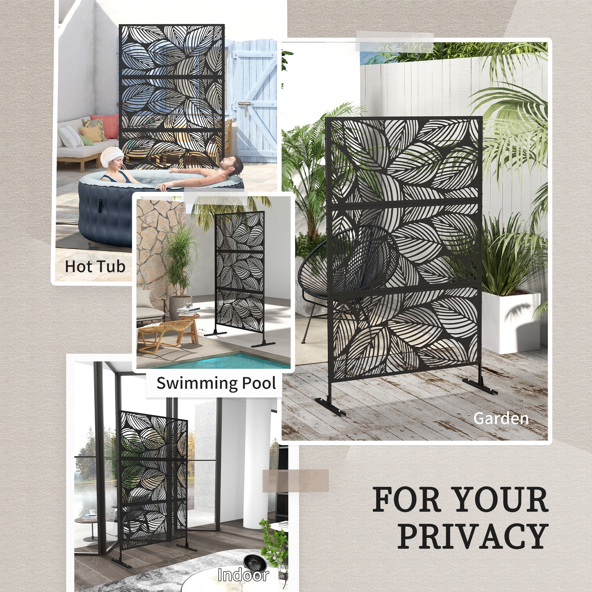 Outsunny Metal Decorative Privacy Screen Outdoor Divider, Black Leaf 