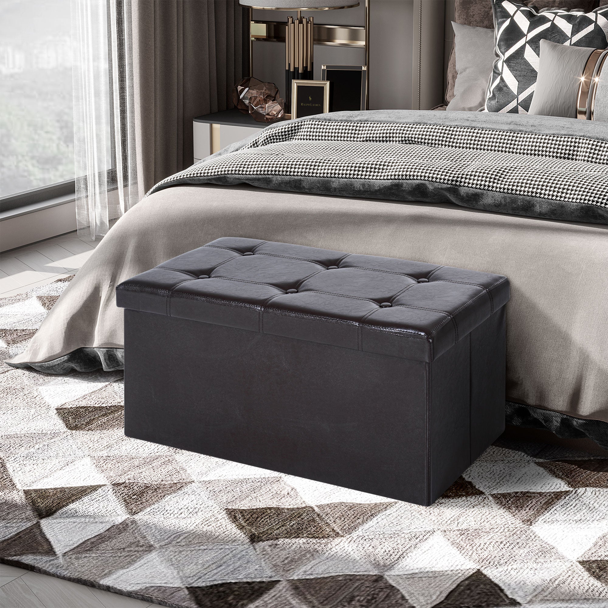 HOMCOM Folding Faux Leather Storage Cube Ottoman Bench Seat PU Rectangular Footrest Stool Box (Brown) 