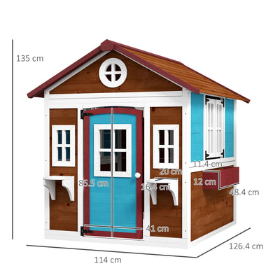 Outsunny Wooden Playhouse with Doors, Windows, Plant Pots, Boxes, for 3-8 Years - Dark Brown 