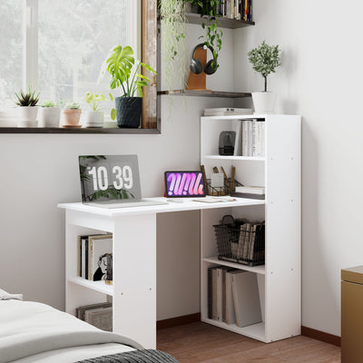 HOMCOM 120cm Modern Computer Desk Bookshelf Study Table Workstation PC Laptop Writing Home Office 6 Shelves, White 