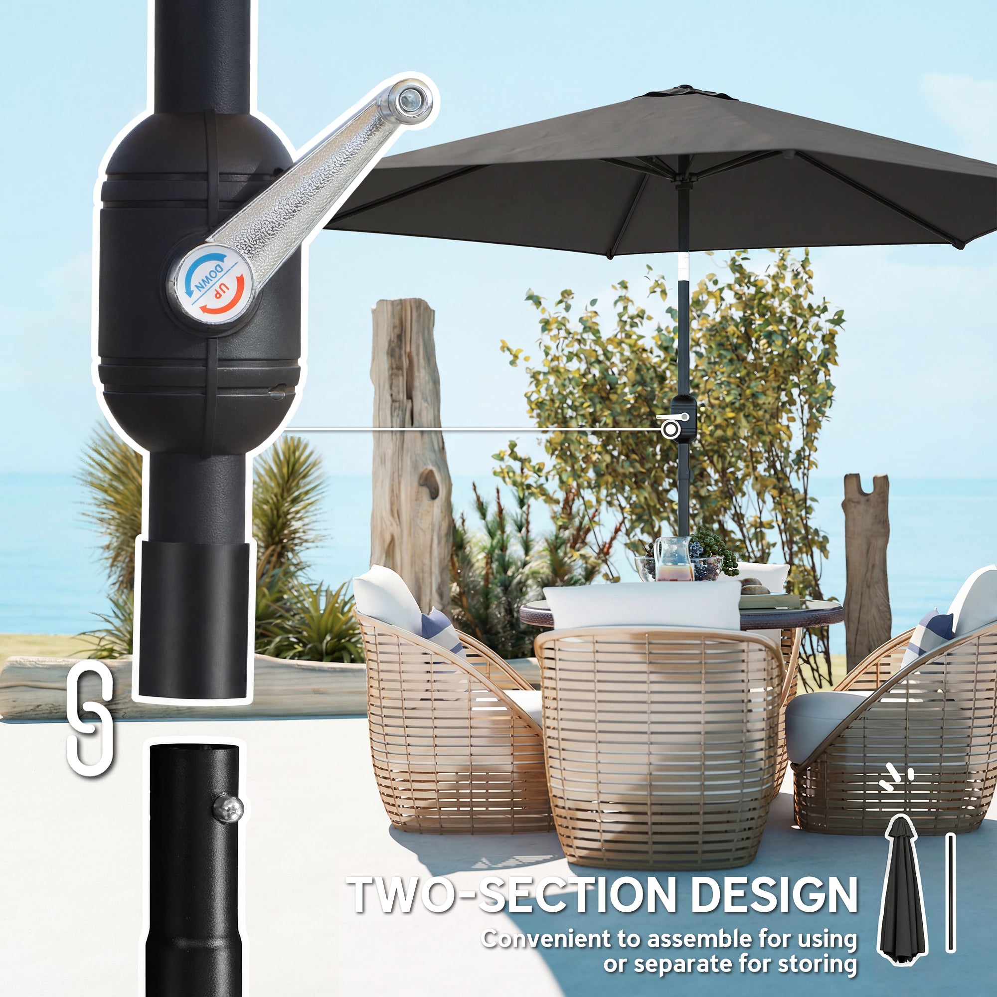 Outsunny 2.6 m Garden Parasol Umbrella with Aluminium Pole, Outdoor Patio Umbrella with Tilt and Crank, Vent, Black 