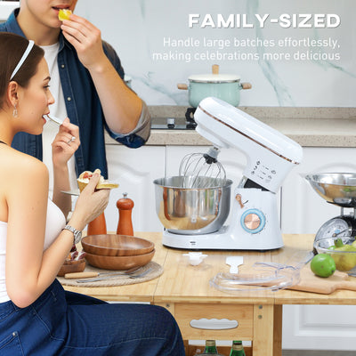 HOMCOM Stand Mixer, 5L Food Mixer for Baking, 6 Speeds and Pulse Setting, 1400W Cake Electric Kitchen Mixer with Dough Hook, Whisk, Stainless Steel Bowl, Splash Guard, Beater, White 