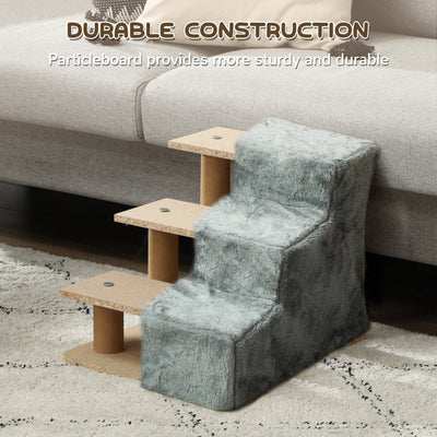 PawHut Three-Step Dog Stairs, with Washable Plush Cover, for High Bed Sofa, Dog Stairs for Small Dog and Cat - Light Grey 