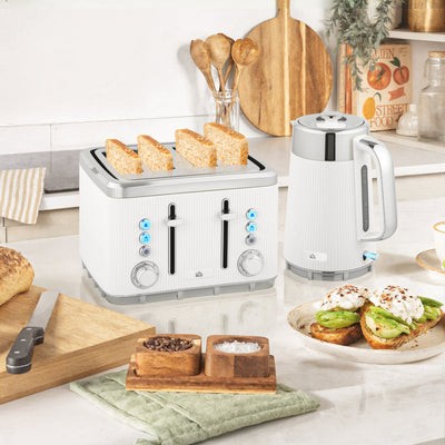 HOMCOM Electric Stainless Steel Kettle and Toaster Set, 3000W 1.7L UK Strix Thermostat Fast Boil Kettle w/ Limescale Filter, Cool Touch Body, 4 Slice Toaster with 7 Browning Levels, Crumb Tray, White 