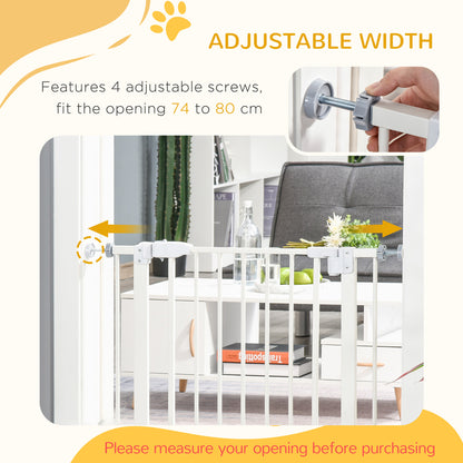 PawHut Pressure Fit Safety Gate, Adjustable Dog Gate, Pet Barrier for for Doorways, Staircases and Hallways with Auto Close, Double Locking, Opening 74-80cm, White 