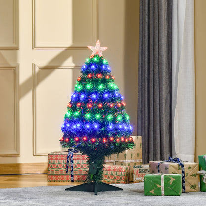 HOMCOM 3 Feet Prelit Artificial Christmas Tree with Multi-Coloured Fiber Optic LED Light, Holiday Home Xmas Decoration, Green 