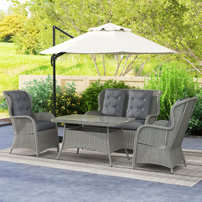 Outsunny Garden PE Rattan Dining Sofa Set, Outdoor 4 Seater Wicker Furniture, High Back Chairs with Cushions, Tempered Glass Coffee Table for Patio, Light Grey 