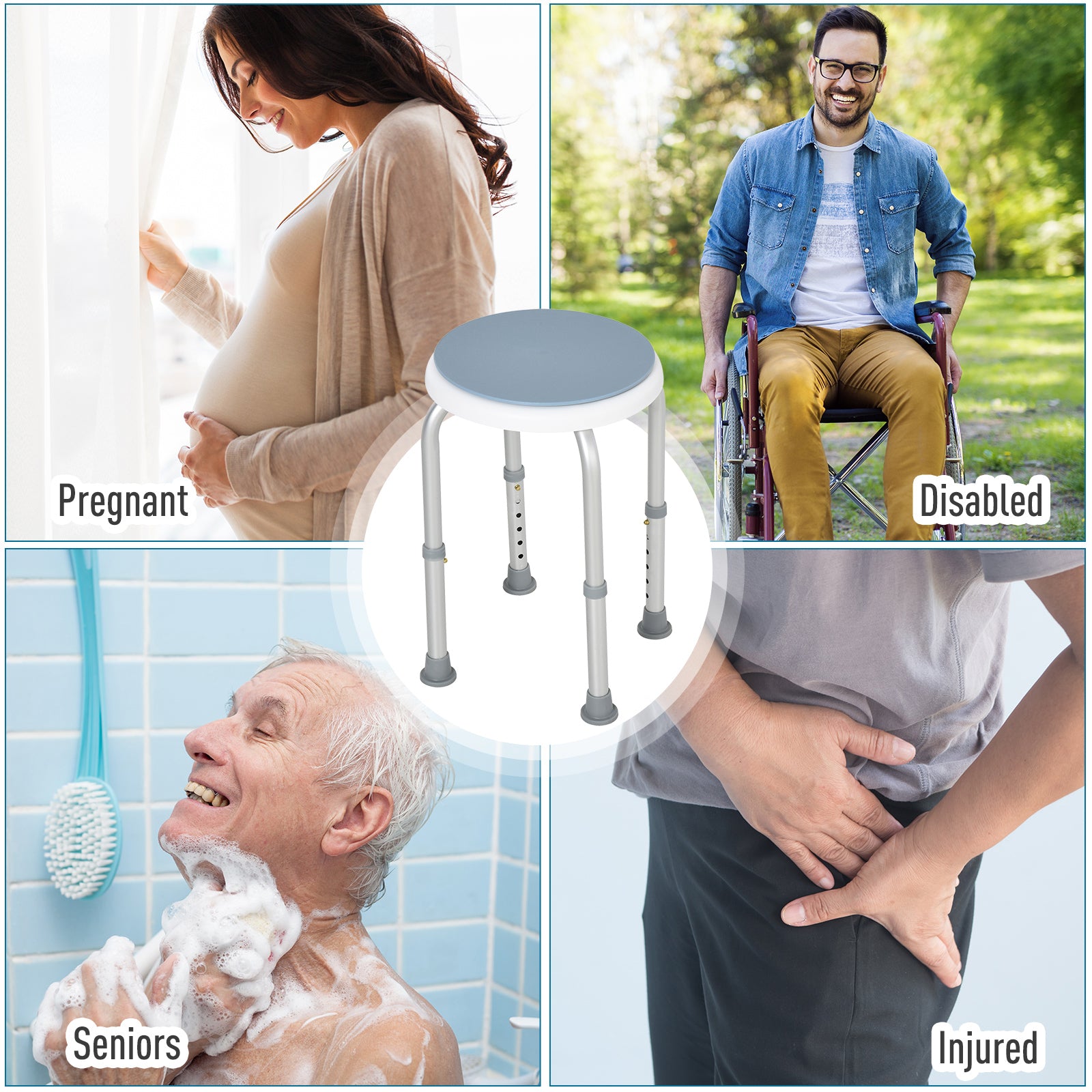 HOMCOM 360° Swivel Shower Chair, Height Adjustable Aluminium Shower Stool with Non-Slip Feet for Disabled, Elderly, Blue 
