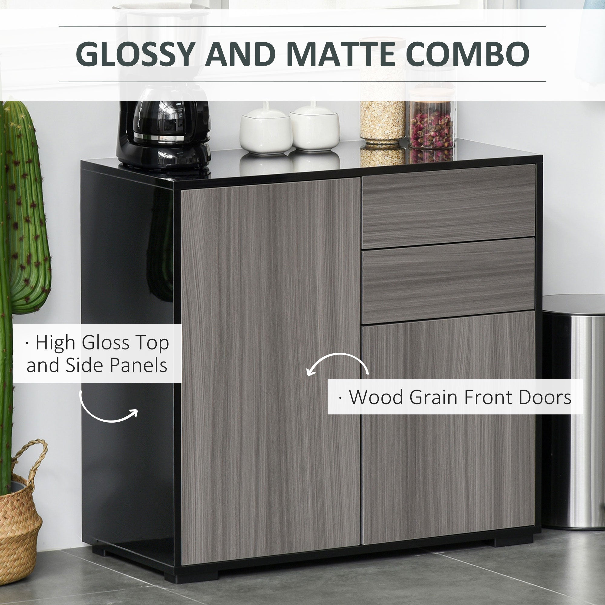 HOMCOM High Gloss Frame Sideboard, Push-Open Design with 2 Drawer for Living Room, Bedroom, 74H x 79W x 36Dcm, Light Grey and Black 