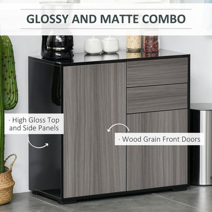 HOMCOM High Gloss Frame Sideboard, Push-Open Design with 2 Drawer for Living Room, Bedroom, 74H x 79W x 36Dcm, Light Grey and Black 