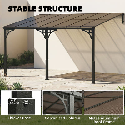 Outsunny 4 x 3 m Metal Lean-to Pergola, Wall-Mounted Garden Pergola with Polycarbonate Roof and Metal-Aluminium Frame, Heavy Duty Hardtop Gazebo for Outdoor Patios, BBQ, Brown 