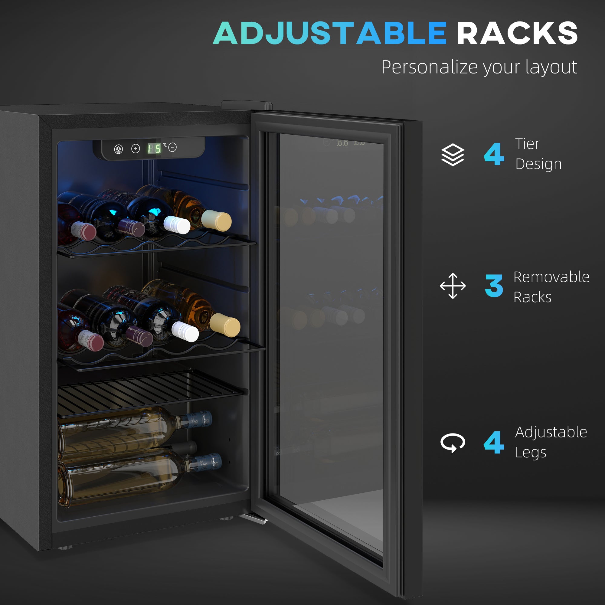 HOMCOM 24 Bottle Wine Cooler, 68 Litre Capacity, 4-16°C Freestanding Drinks Beer Wine Fridge with Glass Door, Black 