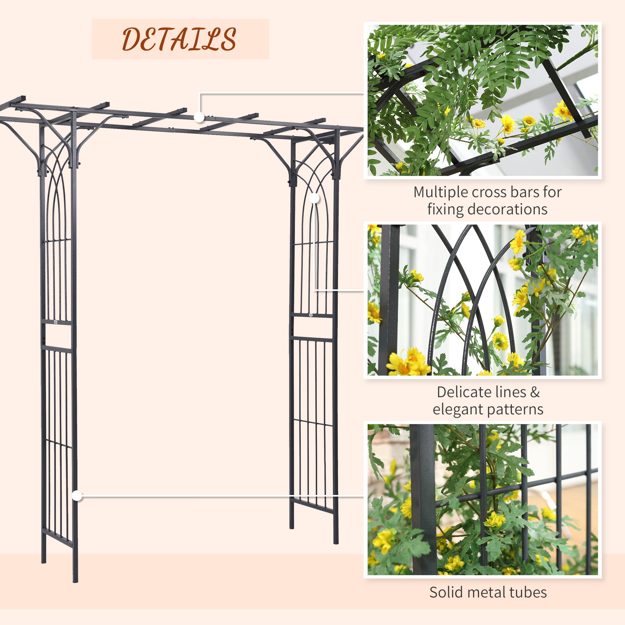 Outsunny 210cm Decorative Metal Garden Trellis Arch with Durable Steel Tubing & Elegant Scrollwork, Great for Weddings, Dark Gre 
