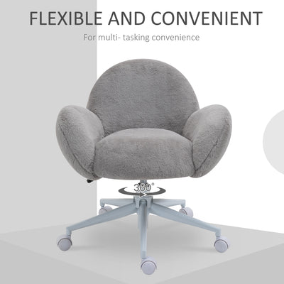 HOMCOM Makeup Vanity Chair, Cute Fluffy Desk Chair with Rolling Wheels for Bedroom Living Room, Grey 