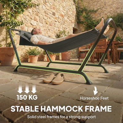 Outsunny Outdoor Hammock with Stand, Freestanding Hammock with Side Pocket, Headrest for Patio, Balcony, Porch, Dark Grey 